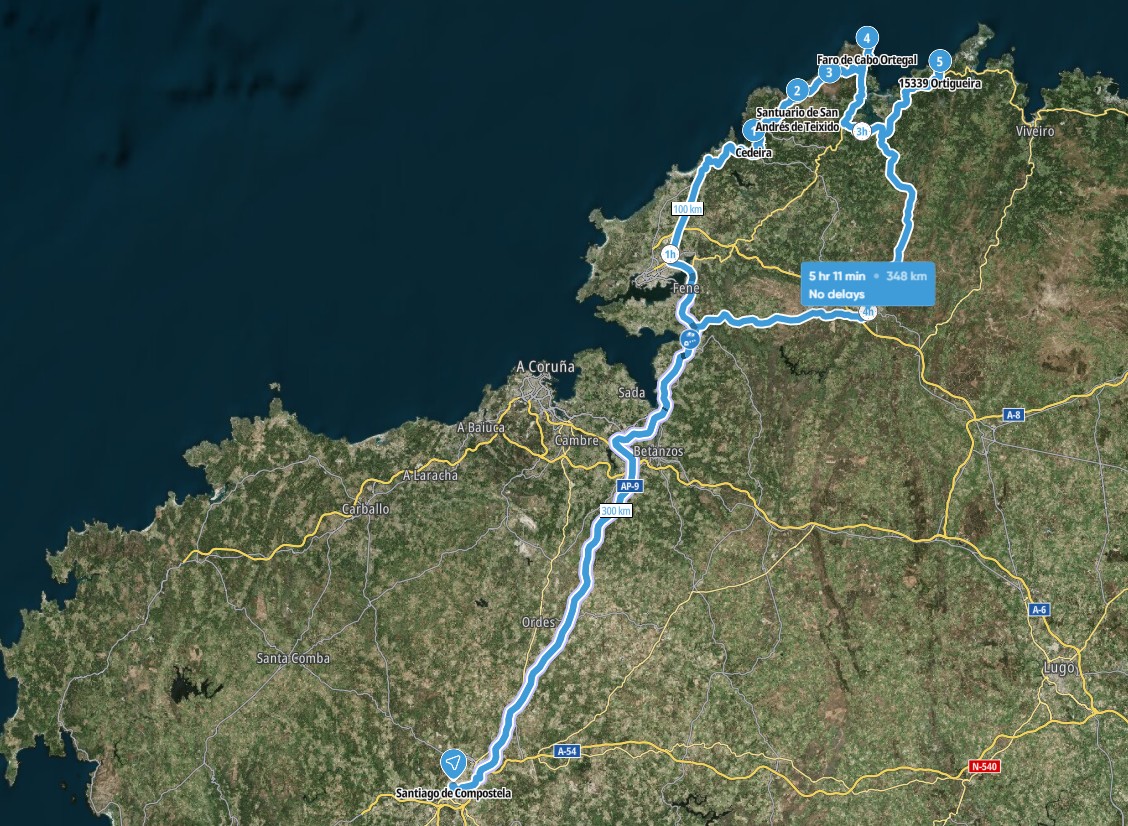 Mapa xeral da ruta por Cedeira, San Andrés e cabo Ortegal