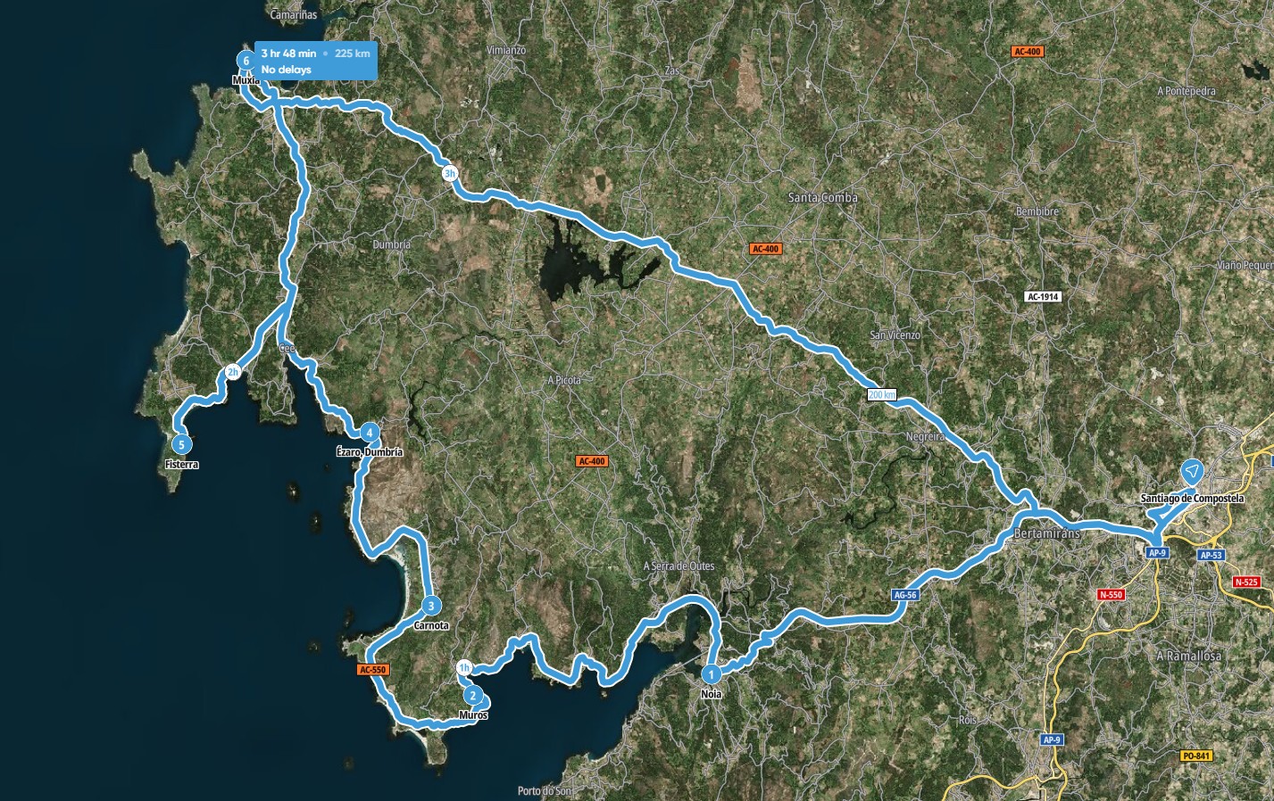 Mapa da ruta de Santiago a Muxía